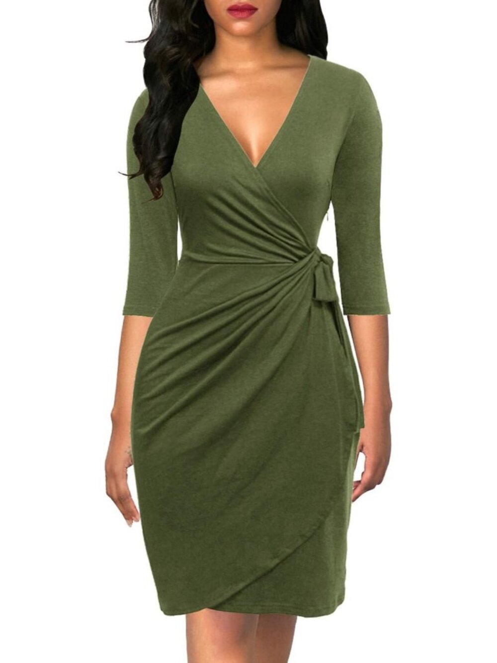 Women's Army Green 3/4 Sleeve Faux Elegant V Neck Bodycon Midi Knee Wrap Dress